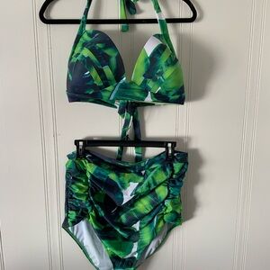 COCOSHIP Green Leaf Print Bikini